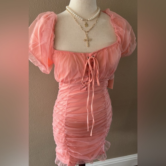 Dresses & Skirts - Elegant Peach Ruched Mesh Puff Sleeves Dress